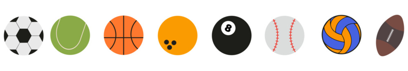 Sport balls set. Ball icons. Balls for Football, Soccer, Basketball, Tennis, Baseball, Volleyball. Vector illustration.