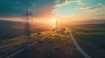 A drone shot capturing power lines weaving through a picturesque countryside