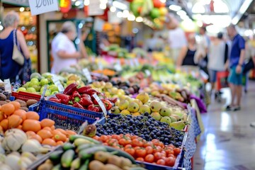 Vibrant Farmers Market Displaying Colorful Fruits and Vegetables - Fresh Produce, Outdoor Shopping, Healthy Eating - obrazy, fototapety, plakaty