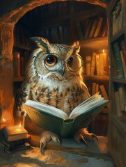 Scholarly Owl Reading In Library