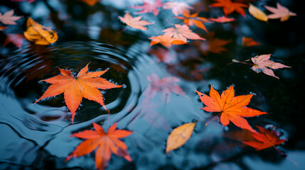 Red autumn maple leaf with reflection over wavy water.