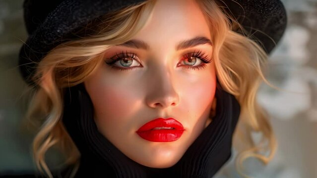 Stylish Blonde Woman with Black Beret, Gloves, and Red Lips. Concept Fashion photography, Parisian-inspired, Chic accessories, Bold makeup, Street style