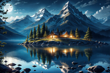 show a tranquil mountain lake under moonlight, with clear reflections and a calm - obrazy, fototapety, plakaty