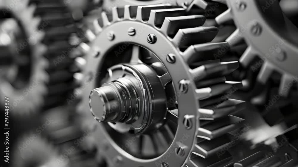 Poster closeup of gears and cogs of machines in motion, engineering concept