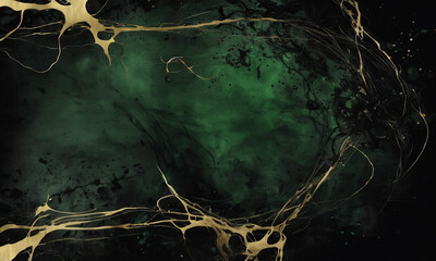 Abstract illustration. The background is black. splashes, lines, smoke, gold, green - obrazy, fototapety, plakaty
