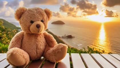 teddy bear on the beach in sunset