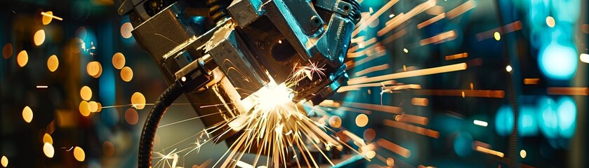 An industrial robot is welding a metal part.