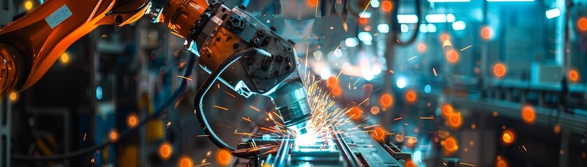 An industrial robot is welding a metal part. - obrazy, fototapety, plakaty