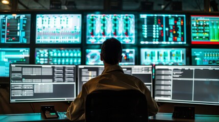 A grid operator monitoring electricity flow on multiple screens in a control room - obrazy, fototapety, plakaty