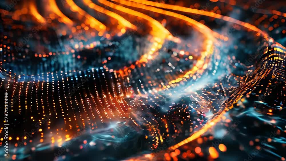  glowing data binary code background with digital particles and orange lights