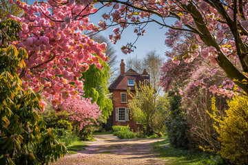 Thorpness Mill framed by vibrant spring blossoms, seasonal charm.