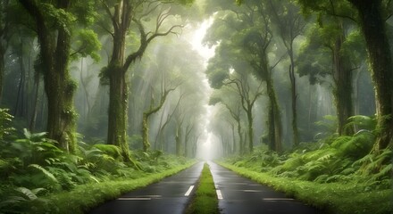 Road through a verdant forest, a healthy rain forest, the environment, human health, a green economy, and a perspective of the natural ecosystem in support of preserving Earth through the use of gener