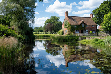 Thorpness Mill reflected in calm waters of nearby meandering stream.