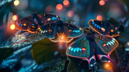 A group of colorful moths resting on a leaf at dusk, adding enchantment to the twilight hours.