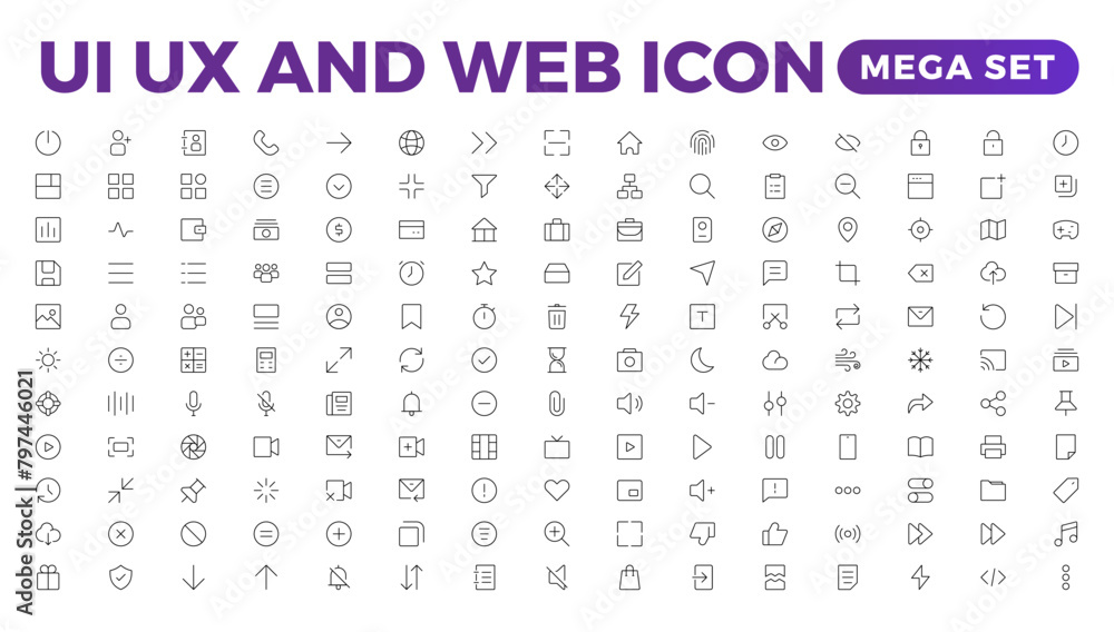 Poster mega set of ui ux icon set, user interface iconset collection. basic user interface essential set. 2