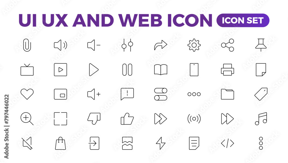 Poster mega set of ui ux icon set, user interface iconset collection. basic user interface essential set. 2