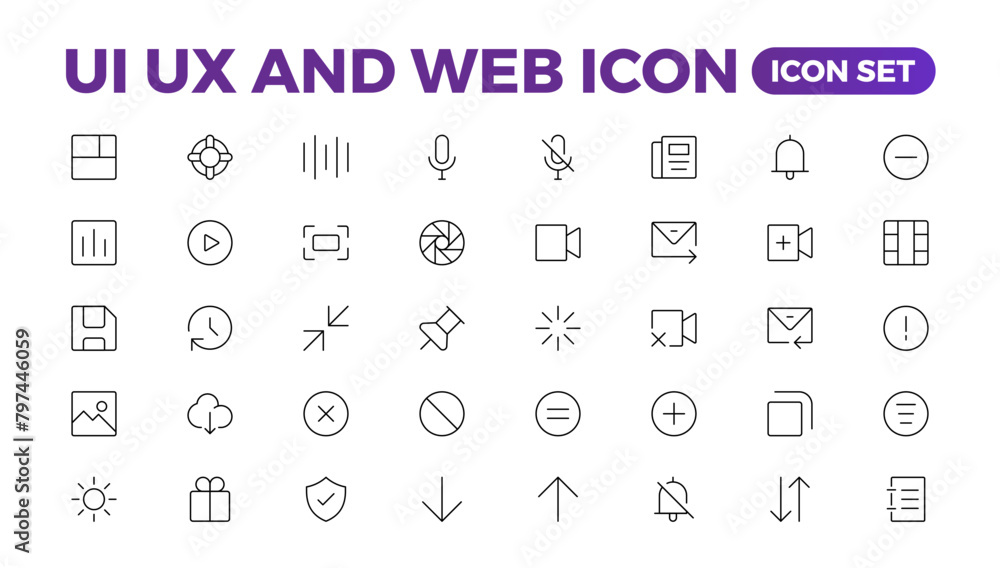 Poster mega set of ui ux icon set, user interface iconset collection. basic user interface essential set. 2