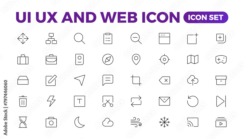 Poster mega set of ui ux icon set, user interface iconset collection. basic user interface essential set. 2