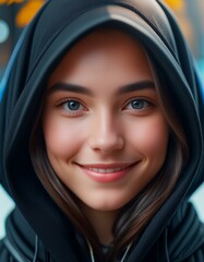 Authentic Realism: Close-Up Portrait of Girl with Hood - obrazy, fototapety, plakaty