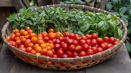 Basket of basil and cherry tomatoes - obrazy, fototapety, plakaty