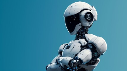 Robot Standing with arms crossed. blue graph copy space background
