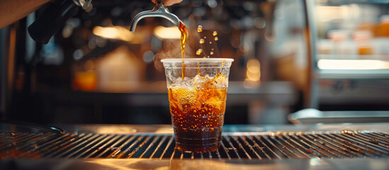 Fresh espresso pouring into plastic cup. Double shot espresso iced coffee fresh. - obrazy, fototapety, plakaty