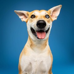 
Beautiful Carolina puppy dog isolated on blue background. looking at camera .front view.dog studio...