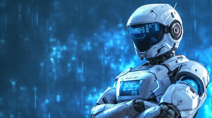 Robot Standing with arms crossed. blue graph copy space background