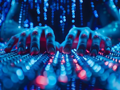 Hacker's Fingers Dancing Across a Sleek,Minimalist Keyboard in a Captivating Blue Techno Landscape