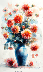 Bouquet of dahlias in a blue vase on a white background. - 797447898