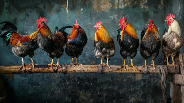 A group of roosters roosting on wooden perches, awaiting their turn to enter the fighting ring.