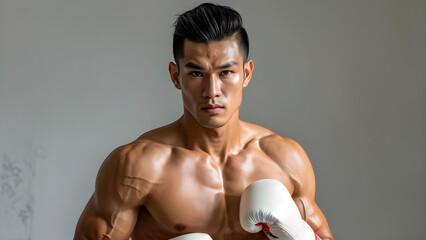 Youthful Strength: Short-Haired Male Muay Thai Athlete, Dynamic Impact: Young Fighter with Short Hair, Athletic Precision: Youthful Muay Thai Warrior, Energetic Presence: Muay Thai Athlete's Portrait - obrazy, fototapety, plakaty