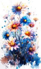 Watercolor painting of daisies on white background. - 797448040