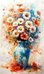Bouquet of daisies in a vase. Watercolor painting - 797448088