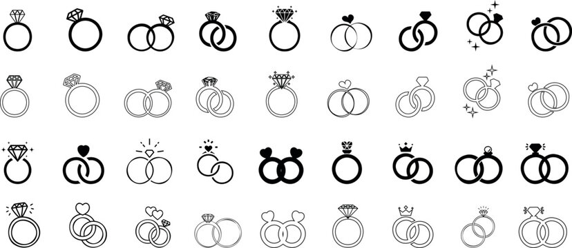 diamond studded engagement rings vector set, wedding ring symbolizing love and commitment. Variety of designs, from classic solitaires to intricate patterns