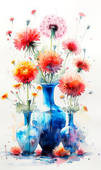 Colorful gerbera flowers in blue vases on white background. - 797448294