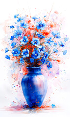 Blue flowers in blue vase with watercolor splash on white background. - 797448458