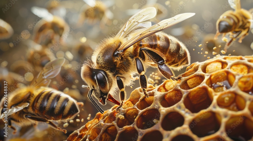 Poster A honeybee entering a hive laden with pollen, contributing to the collective effort of honey production.