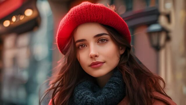 Stylish young woman in red beret and coat poses in Paris street. Concept Fashion Photography, Parisian Style, Street Style, Red Beret, Chic Outfit