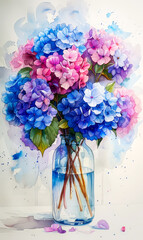 Watercolor painting of hydrangea flowers in glass vase. - 797449046