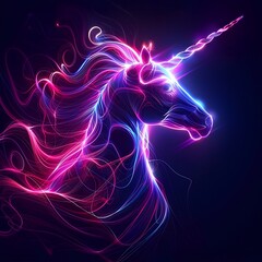 Glowing Neon Unicorn Silhouette in Dramatic Inspired Digital Art - obrazy, fototapety, plakaty