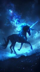 Majestic Neon Unicorn Silhouette in Mystical Midnight Blue Backdrop with Glowing Accents and Starry Sky - obrazy, fototapety, plakaty
