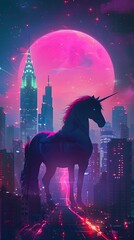 Neon Lit Unicorn Silhouette Amid Towering Cityscape in Synth Wave Inspired Digital Painting - obrazy, fototapety, plakaty