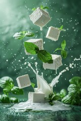 Floating feta cheese and basil leaves with splash