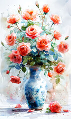 Vase with roses on the white background. Watercolor painting.