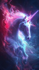 Ethereal Neon Lit Unicorn A Mystical Cosmic Creature Radiating Dreamlike Energy - obrazy, fototapety, plakaty