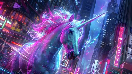 Enchanting Neon Unicorn Illuminating a Vibrant Futuristic City Skyline with Hypnotic Presence - obrazy, fototapety, plakaty