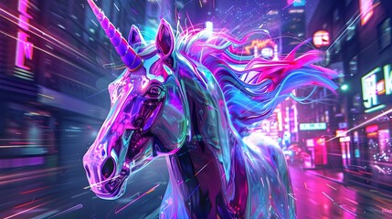 Captivating Neon Unicorn Amid Vibrant Urban Dreamscape A Mesmerizing Display of Digital - obrazy, fototapety, plakaty
