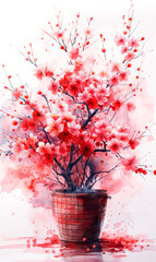 Bouquet of cherry blossoms in vase on watercolor background. - 797449433