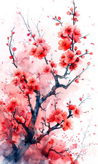 Watercolor illustration of cherry blossom tree. 
